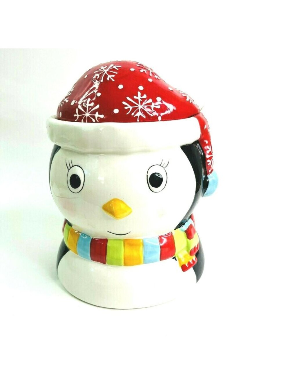 Vintage Penguin Cookie Jar Earthenware Christmas Winter Holiday Theme 9"